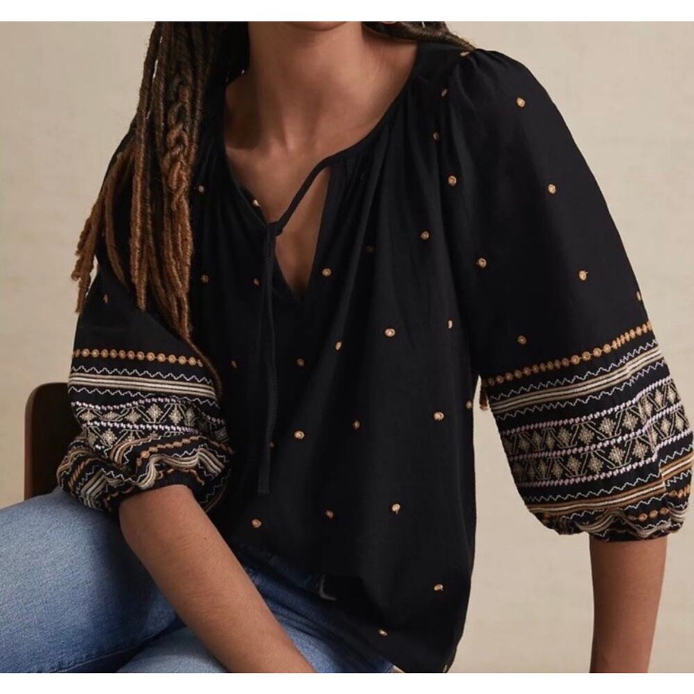 Anthropologie Pilcro Calanthe Black Cotton Boho Peasant Top size Small